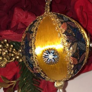 Gold Silk Ball Ornament Yellow Silk beaded ornament mid century Christmas